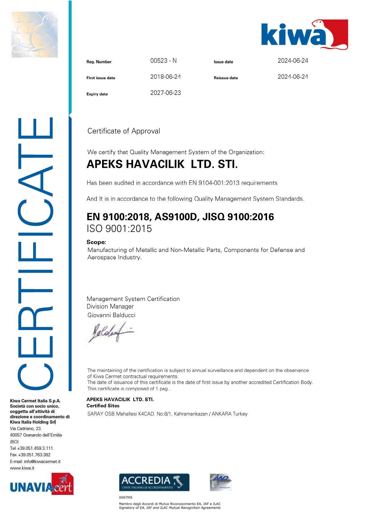 Quality certificate